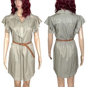 Ali Ro Womens Pleated Shirt Dress size 2 Khaki Taupe Ruffle Sleeve Knee Length